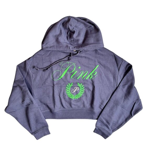 Victoria Secret PINK Crop Hoodie Blue Green Logo Hooded Long Sleeve M/L - Picture 1 of 8